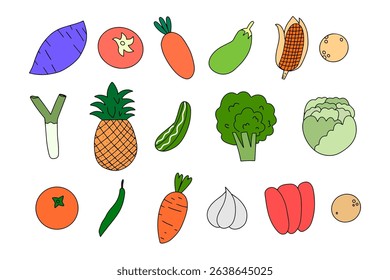 Set of vegetables variant different cartoon. pineapples, carrot, onion, broccoli