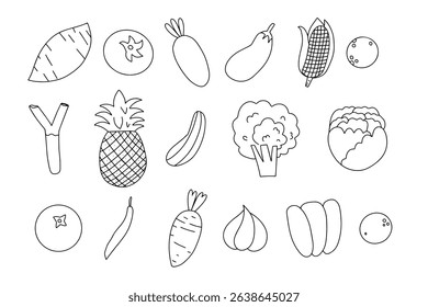 Set of vegetables variant different cartoon. pineapples, carrot, onion, broccoli
