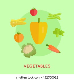 Set of vegetables vector. Flat design. Pepper, carrot, corn, cabbage, broccoli, asparagus, tomatoes illustrations for farm, shop, diet banners, icons, infographics. Isolated on green background. 