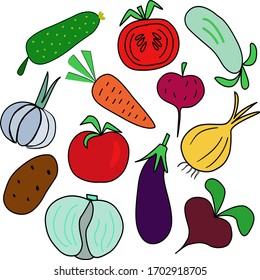 Set of vegetables  in vector graphics, in cartoon style. For the design of wrapping paper, kitchen towels, dishes, botanical illustrations for children, covers for notebook, tablecloths.