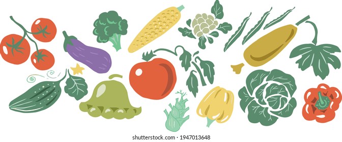 set with vegetables vector hand-drawn illustration. Set of flat icons cabbage tomatoes cucumber eggplant pepper beans zucchini patison silderay cauliflower