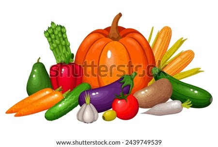 Set of vegetables. Vector icons of vegetables in cartoon style. Collectible farm produce for restaurant menu, market label.