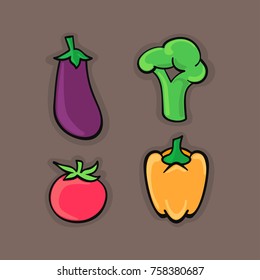 Set of vegetables. Vector illustration perfect for menus, posters, postcards, icons. Healthy vegetarian food, Eggplant, broccolli, tomato, pepper