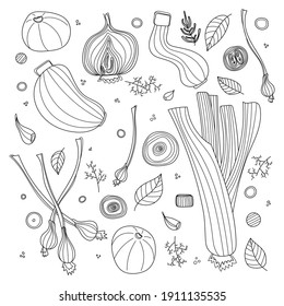 Conjunto de ilustraciones vectoriales de verduras al estilo escandinavo. Gráfico lineal. Fondo de verduras. Alimentos sanos aislados en el fondo blanco.