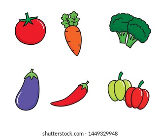 Set of vegetables vector illustration such as tomato, carrot, broccoli, eggplant, pepper, and paprika with simple design 
