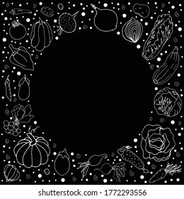 Set with vegetables. Vector isolated illustration with tomato, cucumber, beetroot. Zucchini, cabbage, pumpkins, eggplant, onion, carrot, potato, radish, peas on a black background.  Doodle style. 