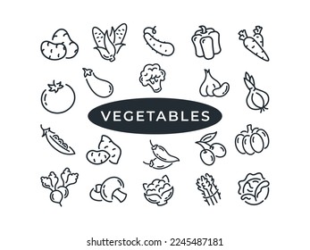 Conjunto de Perfiles de Iconos de Línea Vegetales. Contiene dibujos de ilustración como tomate, aceitunas, ajo, etc.