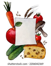 A set of vegetables in watercolors with note paper; vegetable dish recipe watercolor illustration of vegetables, cheese and paper
