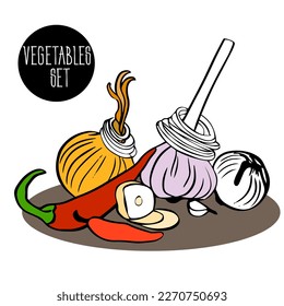 set of vegetables - whole onions and sliced circles, whole garlic and cloves, slices, pieces, and bitter, burning hot red pepper. spices and seasonings. farm vegetables. natural flavor enhancer