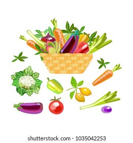 A set of vegetables. Wicker basket with fresh vegetarian food. Appetizing vegetable icons. Vector illustration.

