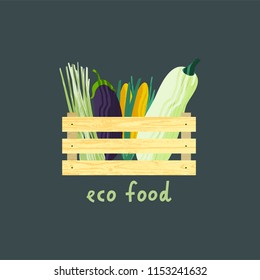 Set of vegetables in wooden box