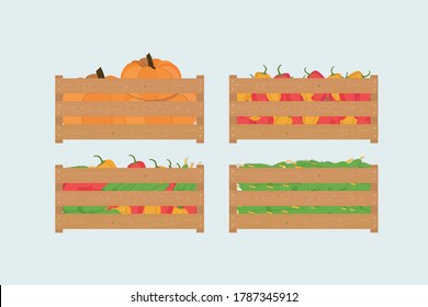 Conjunto de verduras en la caja de madera. Calabaza, pimienta, pepino