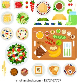 Set of Vegetarian Breakfast flat vector illustration on white.