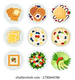 Set of vegetarian breakfasts in plates