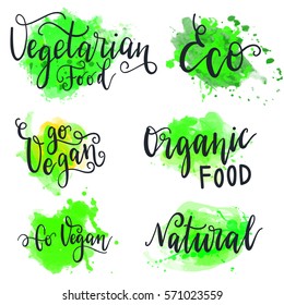 Set Vegetarian eco concept. Vector illustration. Hand drawn lettering inscription