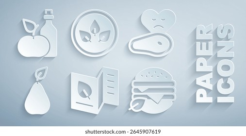 Set Vegetarian food menu, Steak meat, Pear, Vegan diet,  and Apple cider vinegar in bottle icon. Vector