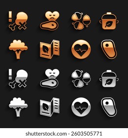Set Vegetarian food menu, Vegan diet, Steak meat, Heart rate, Broccoli, Acorn, No chicken leg and  icon. Vector