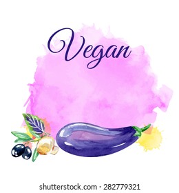 Set of vegetarian food. Watercolor background. Eggplant, fungi, olives. Isolated elements for easy use.