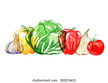 Set of vegetarian food . Watercolor background. Garlic, pepper, cabbage, onion, tomato. Isolated elements for easy use.