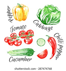 Set of vegetarian food . Watercolor background. Cucumber, tomato, pepper, cabbage. Isolated elements for easy use.