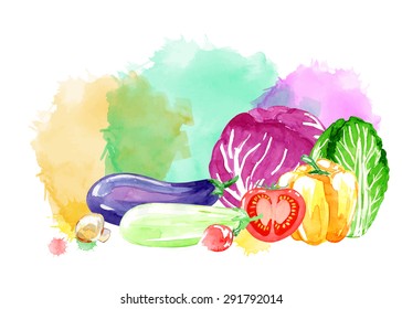 Set of vegetarian food. Watercolor background. Cabbage, pepper, squash, radish, eggplant, fungi, tomato, salad. Isolated elements for easy use.