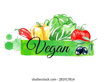 Set of vegetarian food. Watercolor vector background. Pepper, tomato, cabbage, olives. Isolated elements for easy use. 