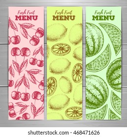 Set of vegetarian fresh fruit banners. Fruit sketch background. 