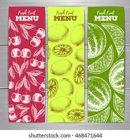 Set of vegetarian fresh fruit banners. Fruit sketch background. 