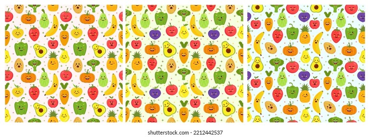Conjunto de diseños de patrón vegetariano, frutal o vegetal sin igual con alimentos frescos, orgánicos y naturales en caricatura plana a mano Fondo de ilustración