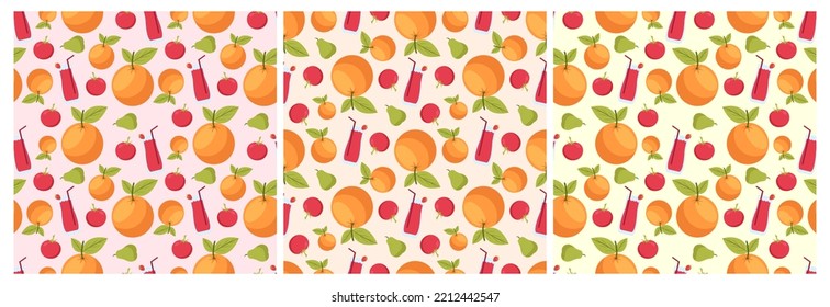 Conjunto de diseños de patrón vegetariano, frutal o vegetal sin igual con alimentos frescos, orgánicos y naturales en caricatura plana a mano Fondo de ilustración