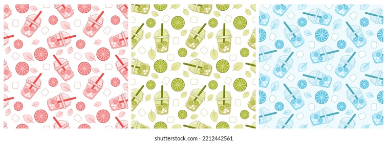 Set of Vegetarian, Fruit or Vegetables Seamless Pattern Design with Fresh, Organic and Natural Food in Hand Drawn Flat Cartoon Background Illustration