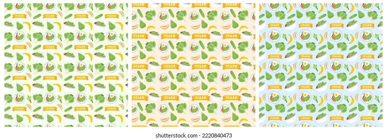 Set of Vegetarian, Fruit or Vegetables Seamless Pattern Design with Fresh, Organic and Natural Food in Hand Drawn Flat Cartoon Background Illustration