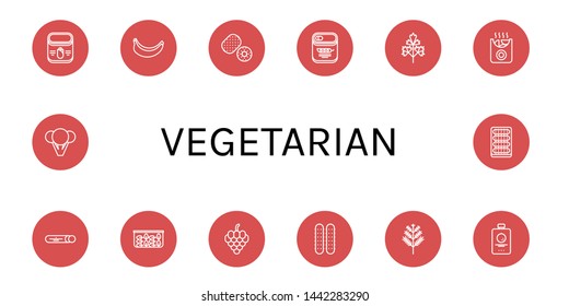 Set of vegetarian icons such as Corn, Banana, Kiwi, Peas, Parsley, Potatoes, Mint, Spinach, Grapes, Cucumber, Dill, Fruit, Broccoli , vegetarian