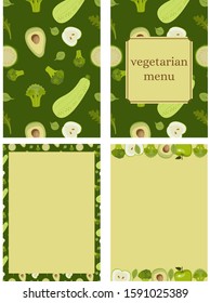 Set of vegetarian menu, brochure, flyer design templates in A4 size. Vector illustrations for food marketing material, ads, natural products presentation templates, cover design.