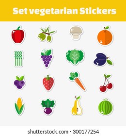 A set of vegetarian stickers into flat style. Isolated objects. Vegetarian concept healthy life. Vector illustration