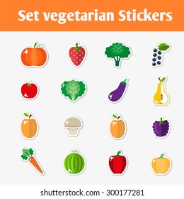 A set of vegetarian stickers into flat style. Isolated objects. Vegetarian concept healthy life. Vector illustration
