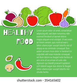 Set of vegetarian vector food. Vegetables. Pepper, onion, garlic, tomato, olives, cabbage, radish, cucumber, mushrooms, carrot, broccoli, beet. Linear hand drawn elements.