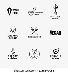 Set of vegetarian and vegan restaurant logos in one black color. Simple, original, modern and clear set. 