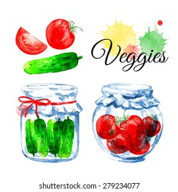 Set of veggies jars.  Watercolor background. Vegetarian food. Tomato, cucumbers. Isolated elements for easy use.
