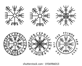 Set of Vegvisir with runes. Collection of various Viking compass. Icelandic magical stave. Vector illustration isolated on white background.