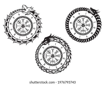 Set of Vegvisir with runes. Collection of various Viking compass. Icelandic magical stave. Vector illustration isolated on white background.