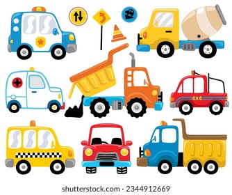 Set of vehicle cartoon with road sign