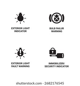 Un conjunto de iconos de seguridad y luz del tablero del vehículo.
