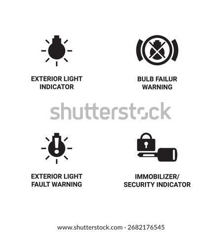 A set of vehicle dashboard security and light icons.
