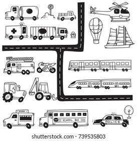 Set of vehicle doodles isolated on white background