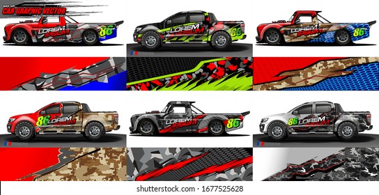 Satz von Fahrzeug-Grafik-Kit Vektor. Moderner abstrakter Hintergrund für die Markendarstellung von Kartonpackungen und Aufkleber für Automobile 