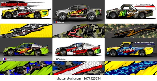 Vektorillustration des Fahrzeuggrafischen Kits. Moderner abstrakter Hintergrund für die Markendarstellung von Kartonpackungen und Aufkleber für Automobile 