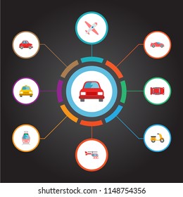 Set of vehicle icons flat style symbols with automobile, moped, helicopter and other icons for your web mobile app logo design.