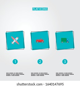 Set of vehicle icons flat style symbols with airplane, cabriolet, truck and other icons for your web mobile app logo design.