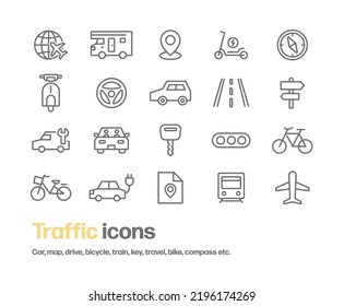 A set of vehicle icons such as bicycles, cars, and motorcycles, and icons related to transportation and travel such as maps, roads, and compasses